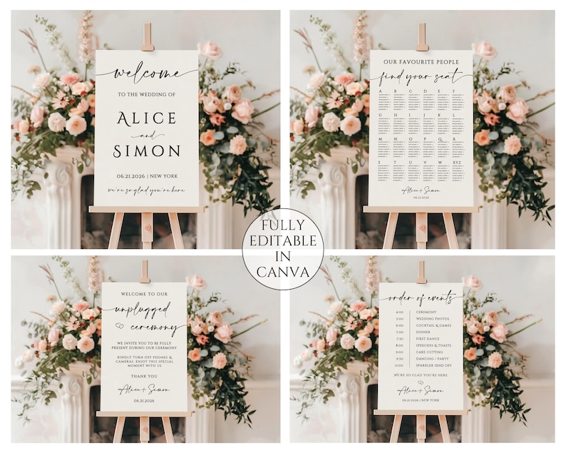 May include: Four wedding signs on wooden easels. The signs include a welcome message, seating chart, unplugged ceremony notice, and order of events. Each sign has elegant calligraphy and floral arrangements in the background.