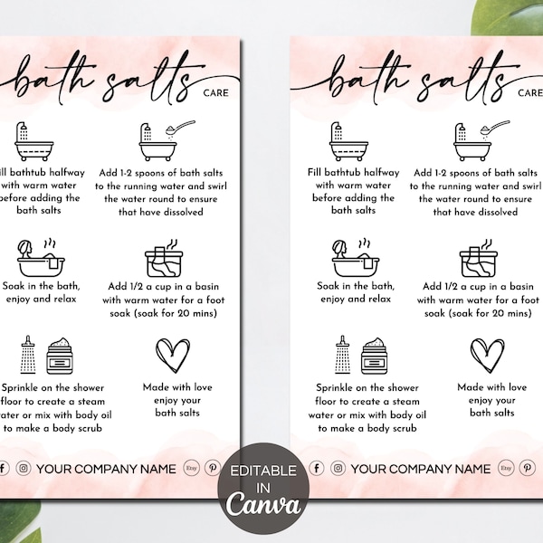 Bath Salts Care Card Template, Editable Bath Soak Care Instructions, Printable Epsom Salts Care Guide, Small Business Inserts. TDS-05