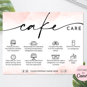 Editable Cake Care Card, Printable Cake Care Guide, Minimalist Wedding Cake Care Note, Cake Transport Instructions Canva Template. TDS-05