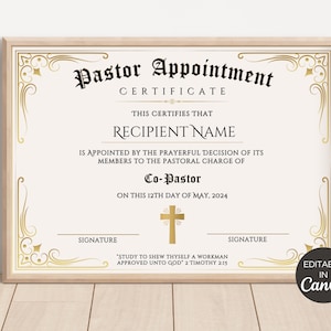 Editable Appointment Certificate, Printable Bishop Pastor Appointed Certificate, Church Certificates, DIY Religious Canva Template. TDS-10