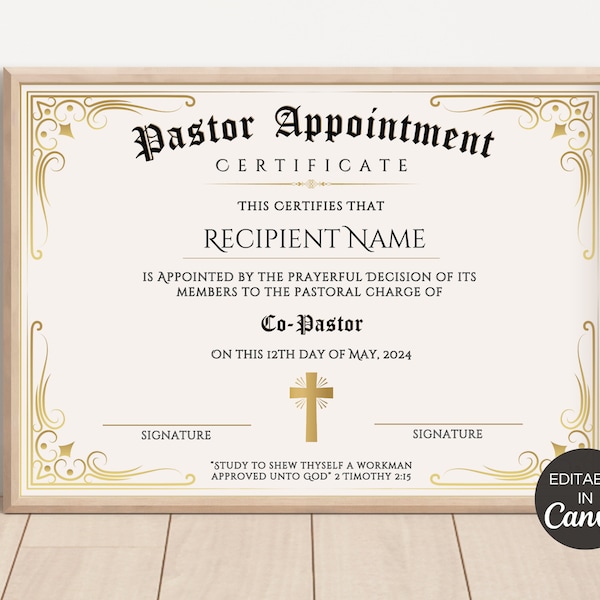 Editable Appointment Certificate, Printable Bishop Pastor Appointed Certificate, Church Certificates, DIY Religious Canva Template. TDS-10