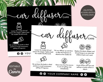 Car Diffuser Care Card, Printable Diffuser Instructions Cards, Editable Canva Template