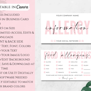 Editable Food Allergens Card Template, Printable Allergen Checklist ...