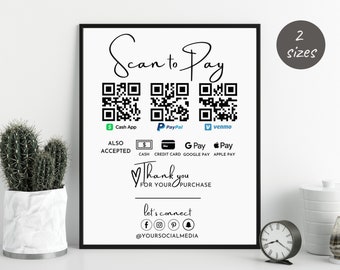 Modello di segno di codice QR, segno di scansione per pagare stampabile, segno di pagamento modificabile, segni di scansione e pagamento, modello Canva di segno di codice QR personalizzato. TDS-02