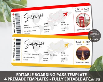 Editable Boarding Pass Canva Template, Printable Airline Tickets Surprise Trip, Digital Download