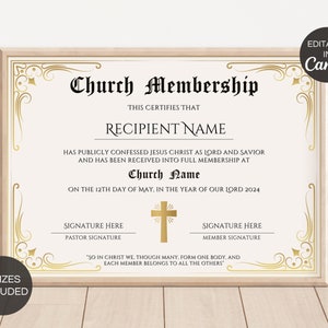 Church Membership Certificate Template, Editable Certificate Of Membership, Printable Church New Members Certificate Canva Template. TDS-10