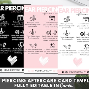 Editable Ear Piercing Aftercare Canva Template, Printable Piercing Guide Card, Earring Piercing Care Card Order Packaging Insert. TDS-05