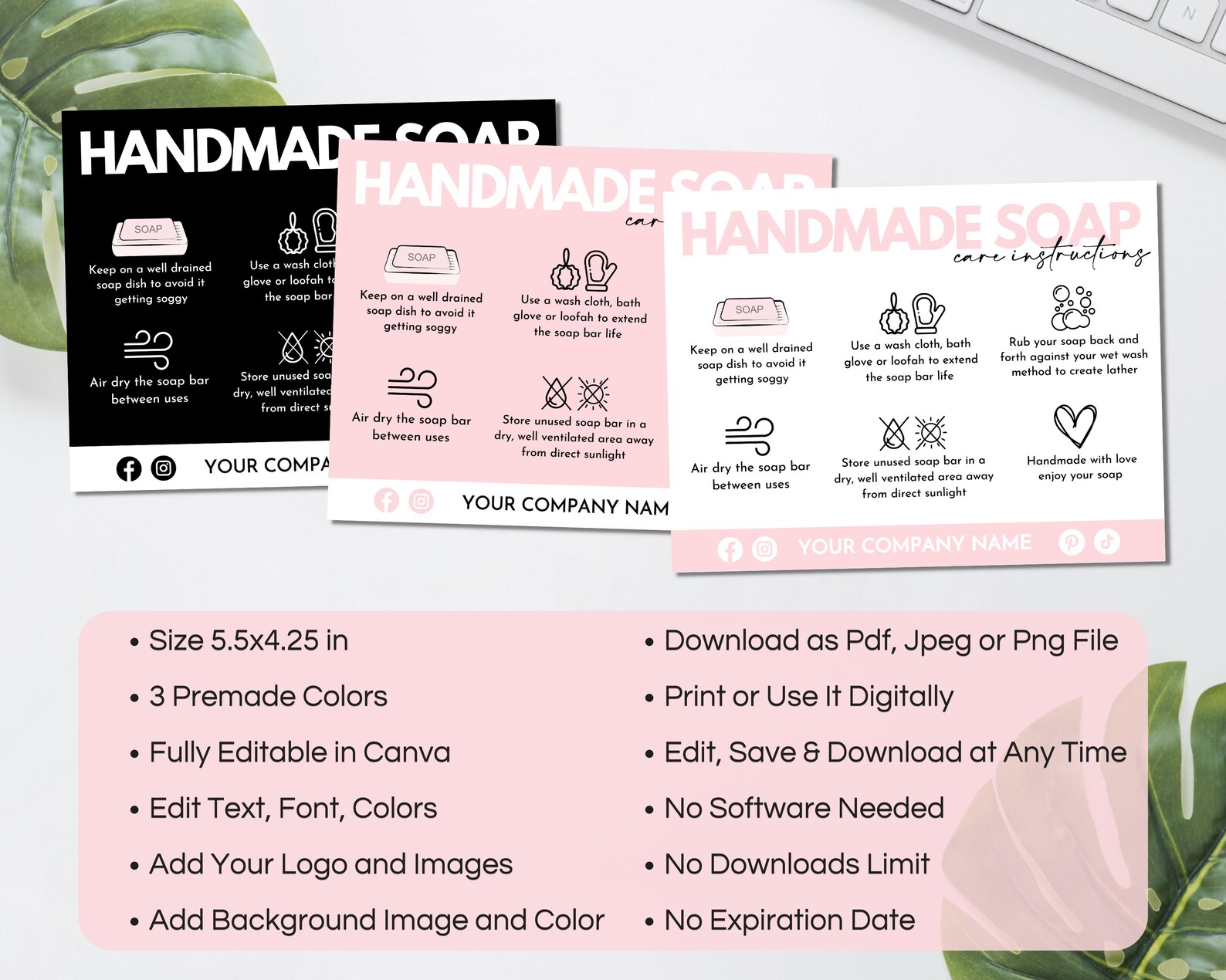 Soap Care Card Template, Editable Handmade Soap Care Cards, Printable ...