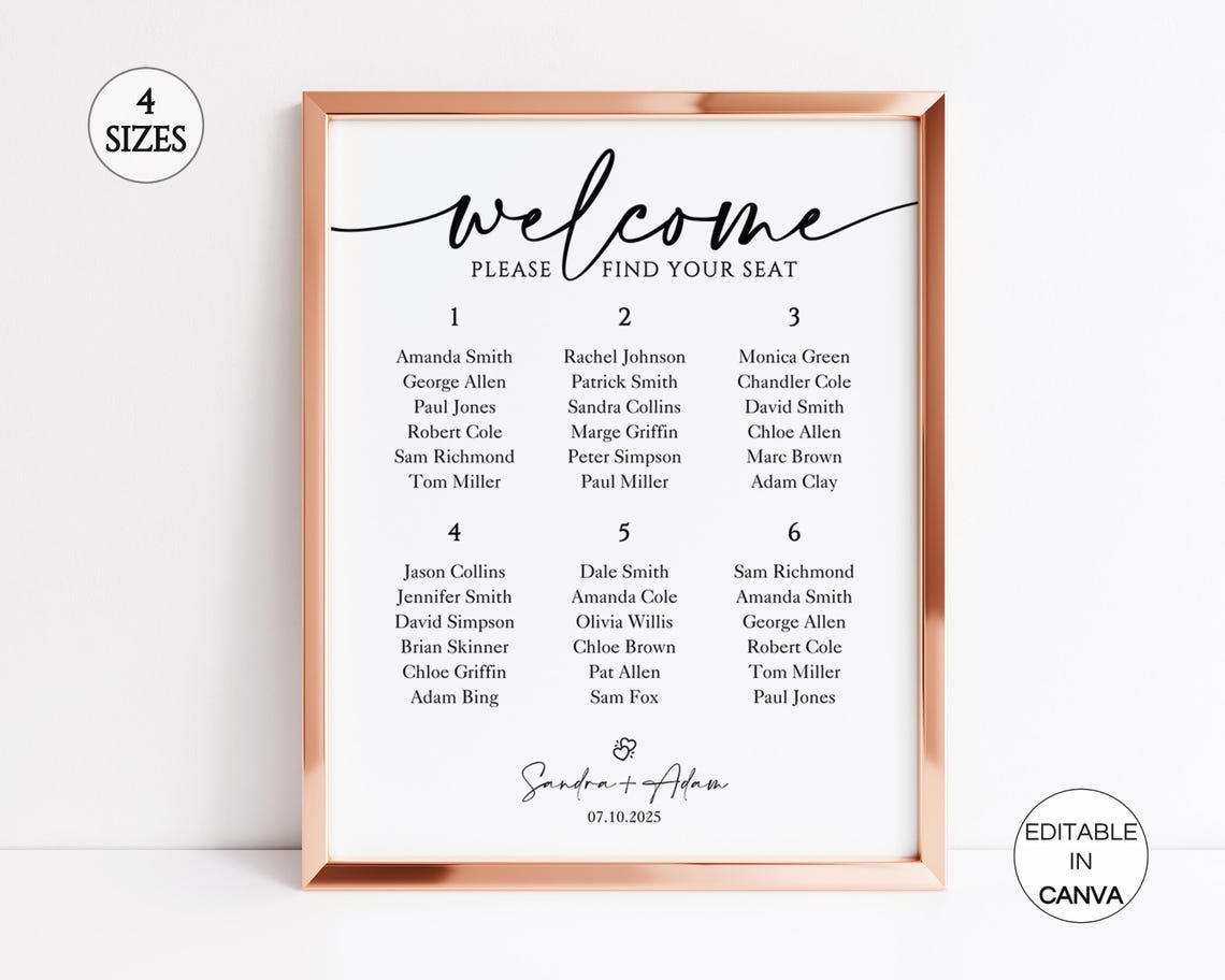 Small Wedding Seating Chart Sign Template, Wedding Reception Seating ...