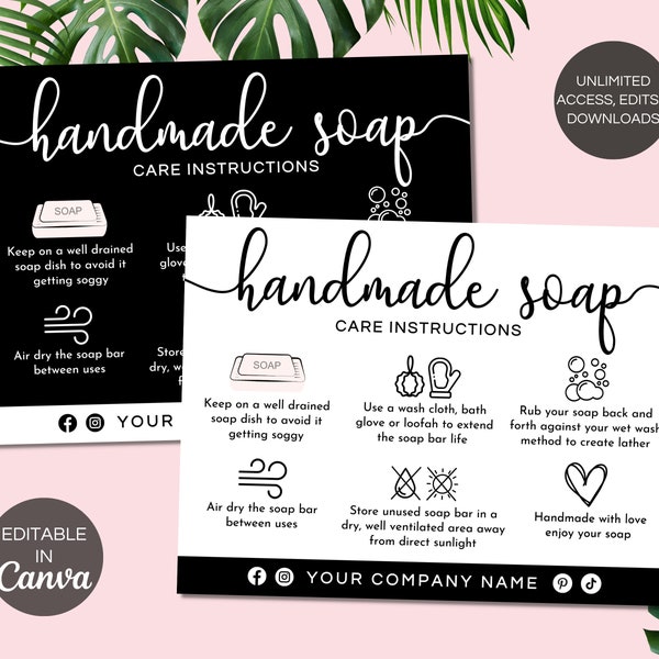 Handmade Soap Care Card Template, Editable Soap Care Cards, Printable Soap Packaging Care Instructions, Soap Small Business Inserts. TDS-05