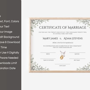 Modèle de certificat de mariage modifiable, certificat de mariage personnalisé, certificat de mariage imprimable, souvenir de mariage Canva. FT-10 image 2