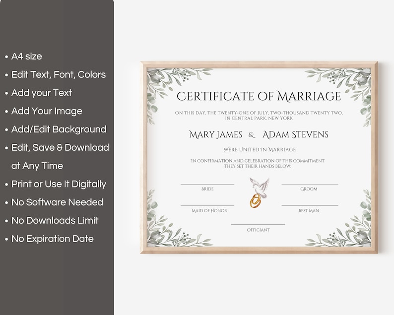 Modèle de certificat de mariage modifiable, certificat de mariage personnalisé, certificat de mariage imprimable, souvenir de mariage Canva. FT-10 image 2