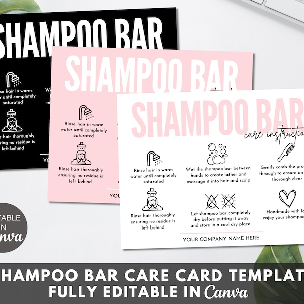 Modello di scheda per la cura dello shampoo solido, istruzioni modificabili per la cura dello shampoo solido, guida stampabile dello shampoo solido, modello Canva per piccole imprese. TDS-05