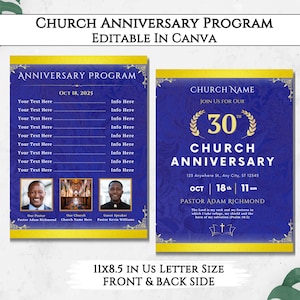 Church Anniversary Program Double Sided Flyer, Editable DIY Church Anniversary Brochure, Printable Church Bulletin Design Canva Template.