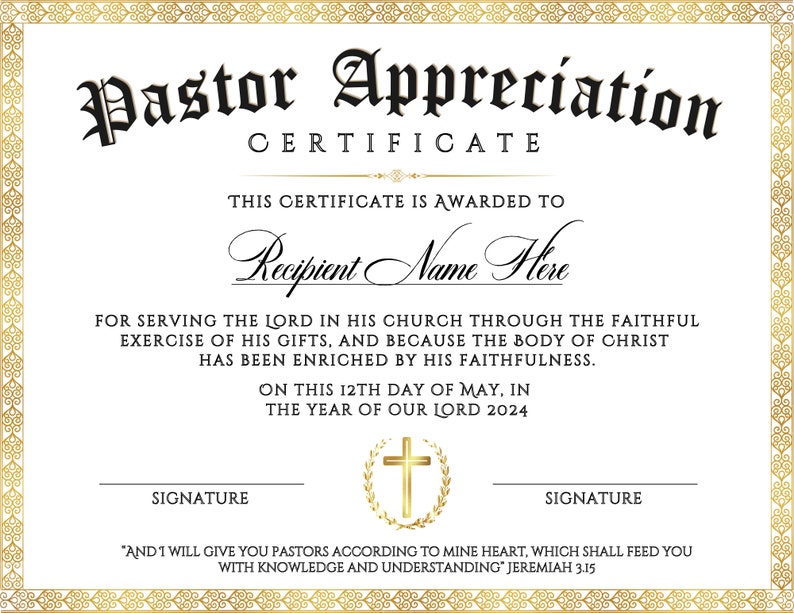 Pastor Appreciation Certificate, Editable Pastor Certificate of ...