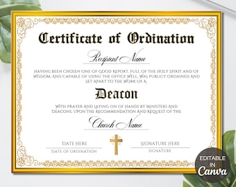 Deacon Ordination Certificate Template, Printable Certificate of Ordination, Editable Ministry Certificate, Ordained Minister. TDS-10