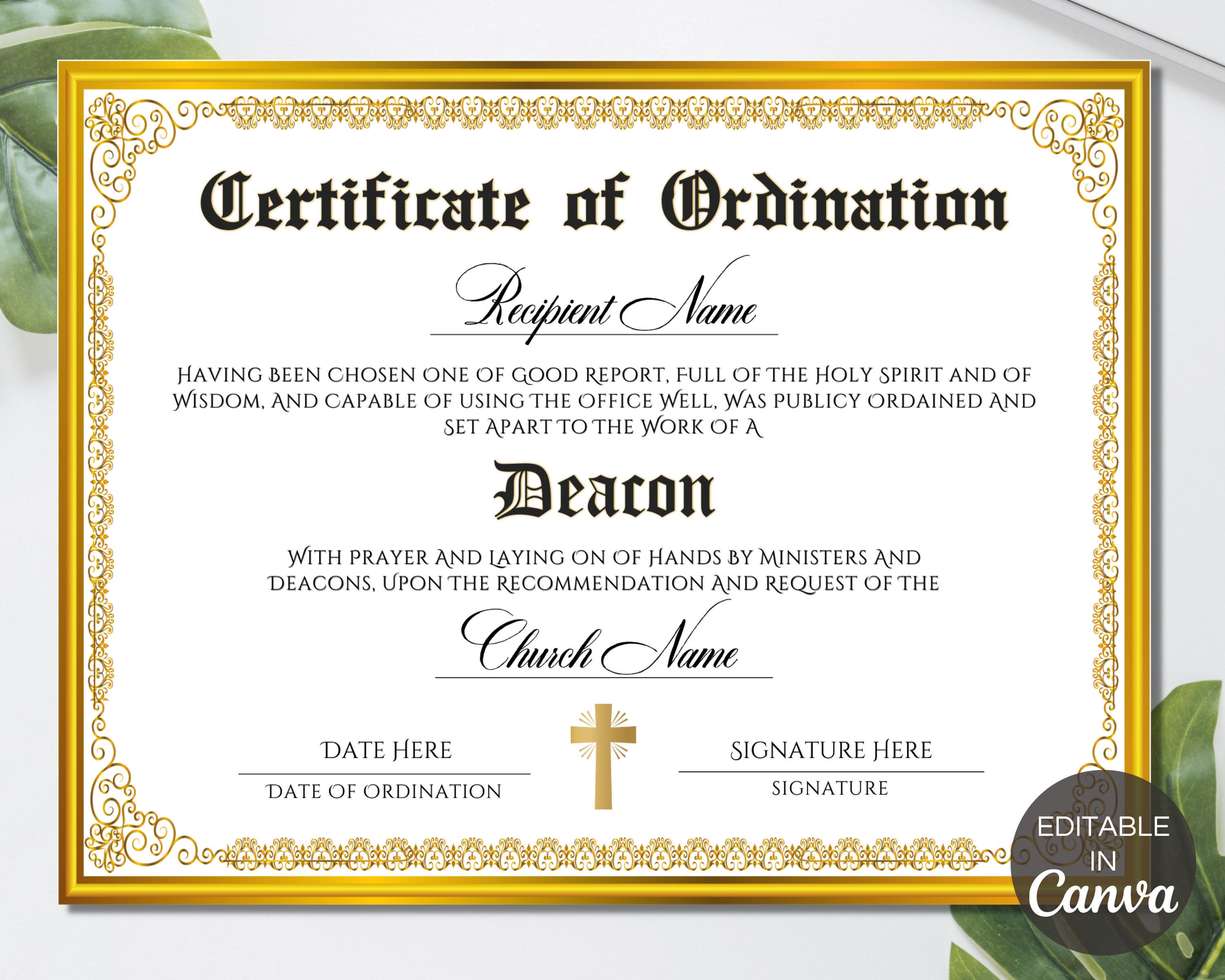 Deacon Ordination Certificate Template Printable Certificate Etsy Finland
