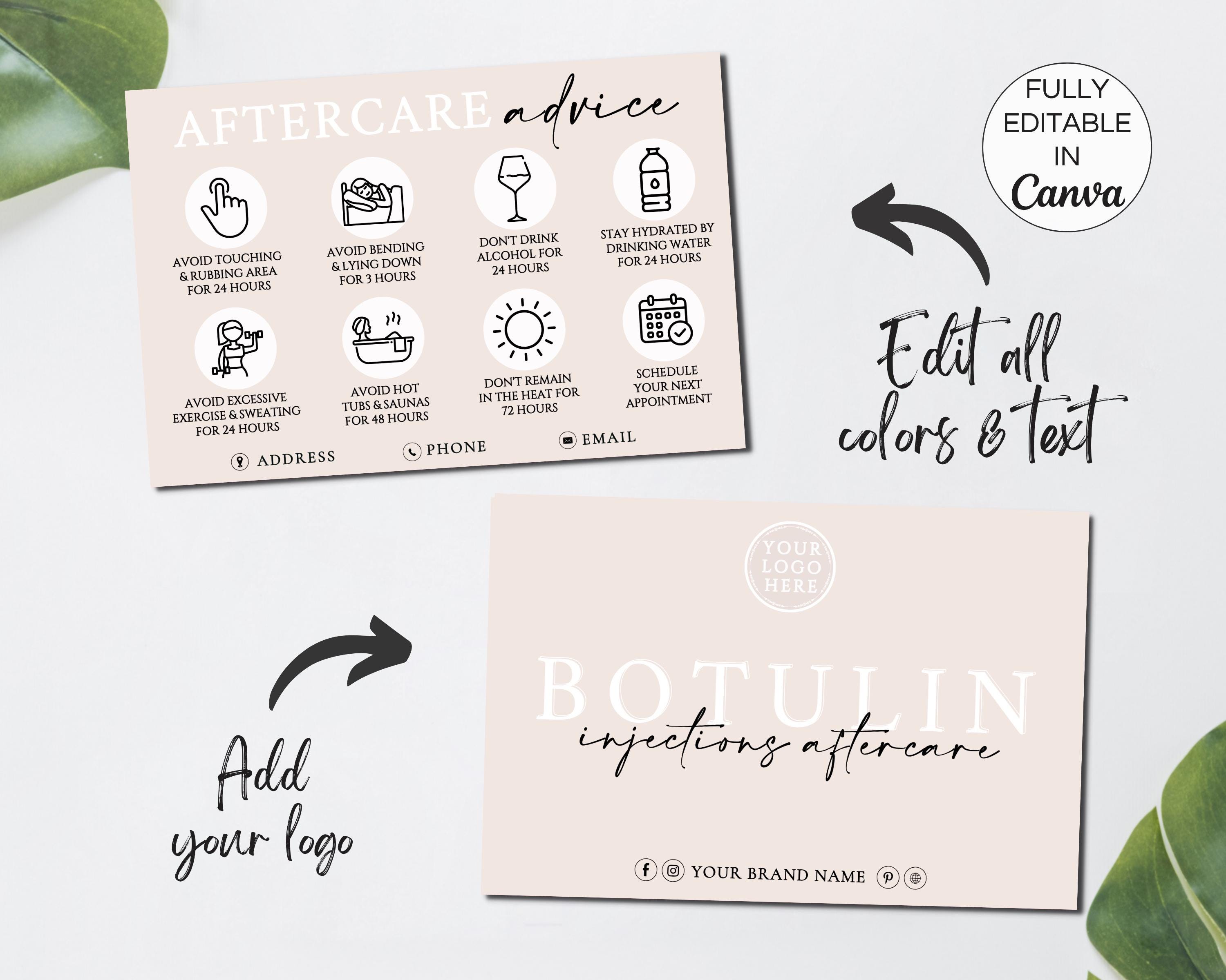 Editable Botulinum Injections Aftercare Cards, Botulinum Care Card ...