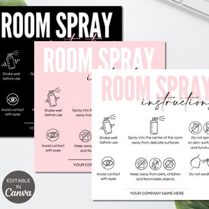 May include: A pink and black printable sign with instructions for using room spray. The sign includes icons for shaking the bottle, avoiding contact with eyes, keeping away from pets and children, and not spraying on skin or furniture. The text reads "ROOM SPRAY instructions".