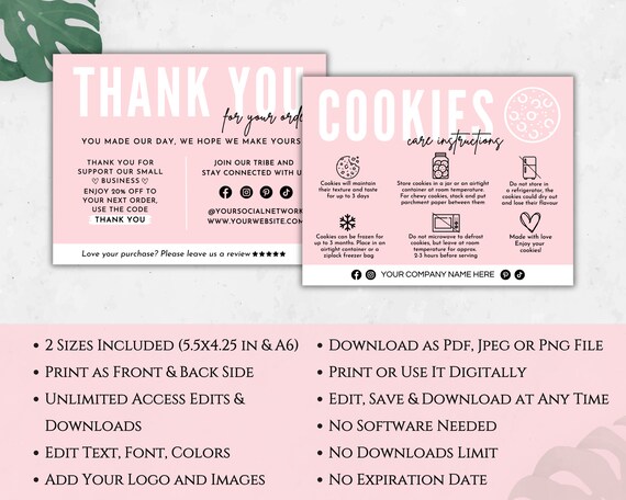Cookie Care Card Template Canva, Editable Cookie Package Care Instructions, Cookie Business Care Card Template, Printable Care Cards. TDS-05