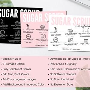 Sugar Scrub Care Card Template, Editable Body Scrub Care Guide, Printable Exfoliating Butter Application Customer Instructions. TDS-05 image 2