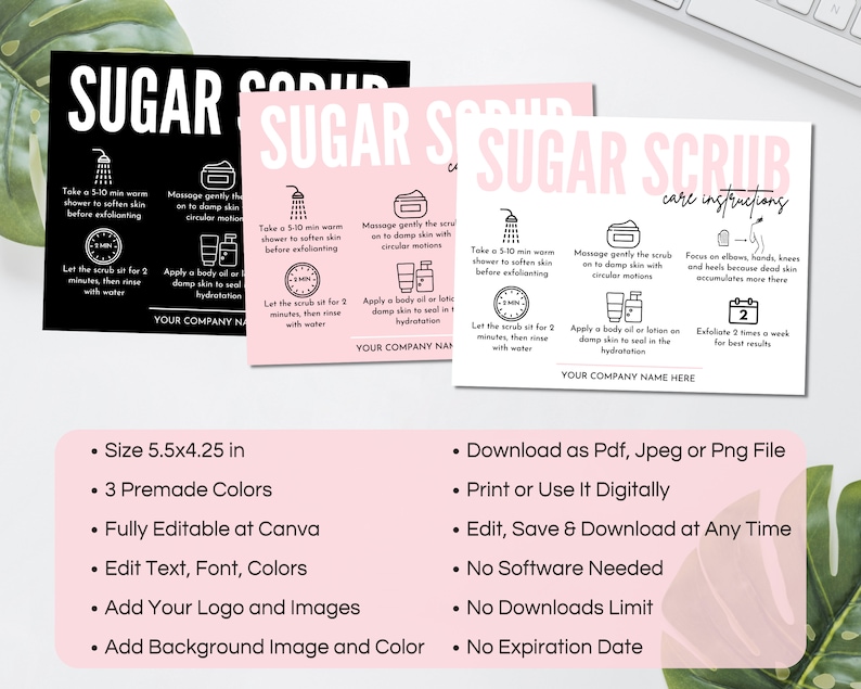 Sugar Scrub Care Card Template, Editable Body Scrub Care Guide, Printable Exfoliating Butter Application Customer Instructions. TDS-05 image 2