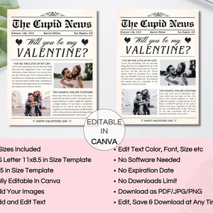 May include: Editable Valentine's Day card template in Canva with a newspaper design. The card features the text "Will you be my Valentine?" and two photos of a couple. The card is available in two sizes: US Letter (11x8.5 inches) and 7x5 inches.