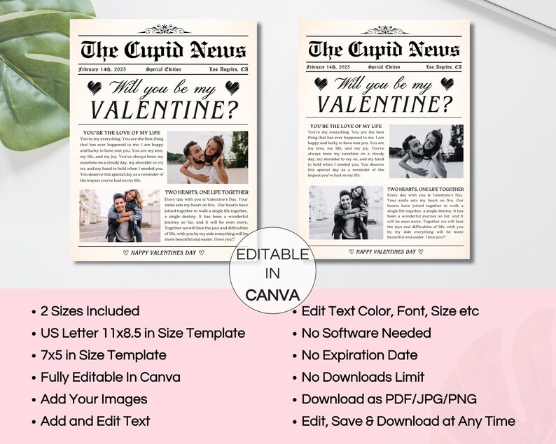 May include: Editable Valentine's Day card template in Canva with a newspaper design. The card features the text "Will you be my Valentine?" and two photos of a couple. The card is available in two sizes: US Letter (11x8.5 inches) and 7x5 inches.