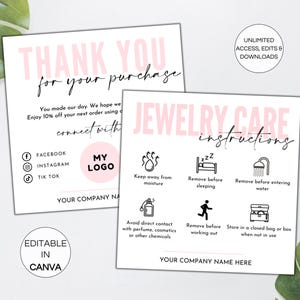 Jewelry Care Card and Thank You Card Template, Editable Jewelry Care Instructions Canva Template, Jewelry Business Thank You Cards. TDS-05