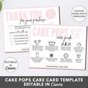 Cake Pops Care Card Canva-sjabloon, bewerkbare Cake Pop Care-instructies, afdrukbare Cake Lolly Care Guide, Cake Pop-verpakkingsinzet. TDS-05