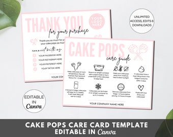 Cake Pops Care Card Template, Editable Cake Lolly Instructions, Printable Bakery Thank You Packaging