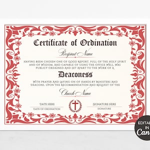 Editable Ordination Certificate Template, Printable Deaconess Certificate of Ordination, Ordained Minister Certificate Canva Template.TDS-10