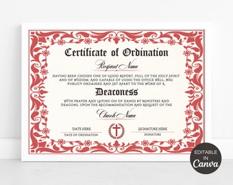 Deaconess Ordination Certificate, Printable Certificates of Ordination, Editable Canva Template, Digital Download