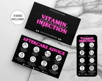 Vitamin Injection Aftercare Cards, Editable Vitamin C D3 B12 Injection Care Cards, Printable Beauty Salon Cards Canva Template. TDS-05