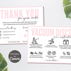 Vacuum Discs Care Card Canva Template, Editable Vacuum Scented Discs Care Instructions, Printable Small Business Thank You Cards. TDS-05