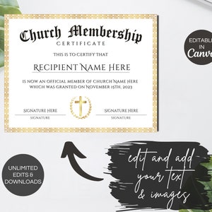 Church Membership Certificate Template, Editable Certificate of Membership, Printable Church New ...