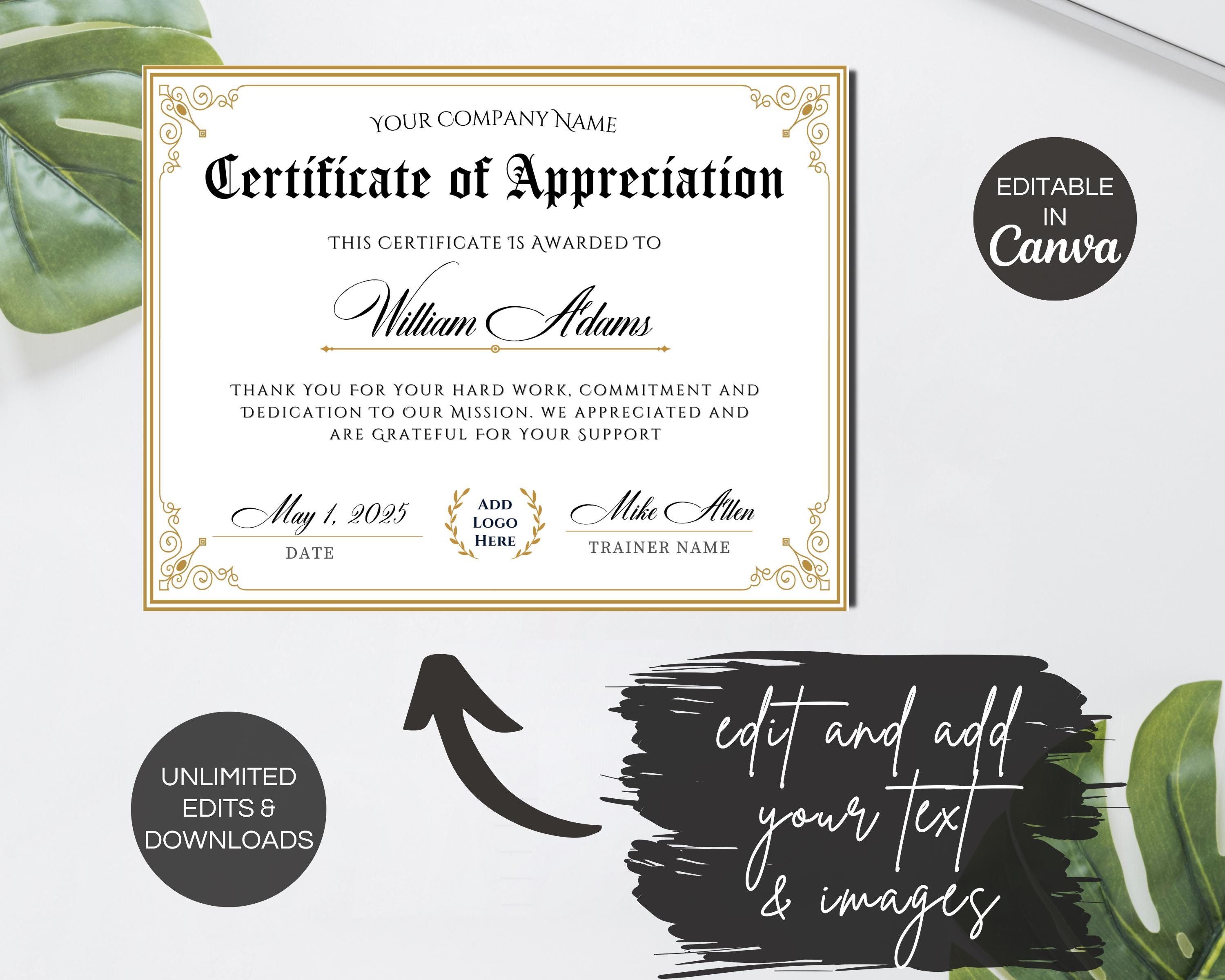 Editable Certificate of Appreciation, Printable Appreciation ...