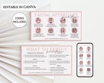 Facial Aftercare Card, Printable Facial Post Care Guide, 3 Sizes Editable Esthetician Canva Template