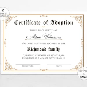 Modèle de certificat d&#39;adoption, certificat d&#39;adoption d&#39;enfant modifiable, certificat d&#39;adoption familial imprimable, certificat-cadeau de belle-mère
