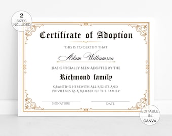 Child Adoption Certificate, Printable Adoption To Our Family Stepmother Gift Certificates, Editable Canva Template