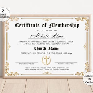 Puede incluir: Certificado de membres&iacute;a enmarcado con el texto "Certificate of Membership" y detalles florales dorados. El certificado incluye espacios para un nombre, nombre de la iglesia y fecha, con el texto "Editable in Canva" en un c&iacute;rculo.