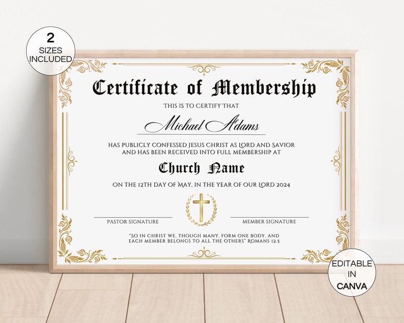 Puede incluir: Certificado de membres&iacute;a enmarcado con el texto "Certificate of Membership" y detalles florales dorados. El certificado incluye espacios para un nombre, nombre de la iglesia y fecha, con el texto "Editable in Canva" en un c&iacute;rculo.