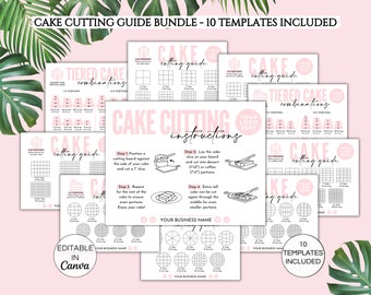 Paquete de guía de corte de pasteles, instrucciones editables para cortar pasteles, 10 plantillas de Canva, inserto de empaque imprimible para negocios de pasteles. TDS-05