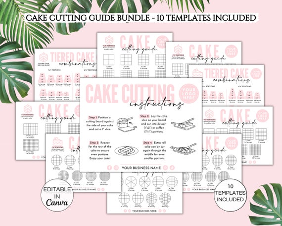 Cake Cutting Guide Bundle, Editable Cake Cutting Instructions 10 Canva Templates, Printable Cake Business Packaging Insert. TDS-05