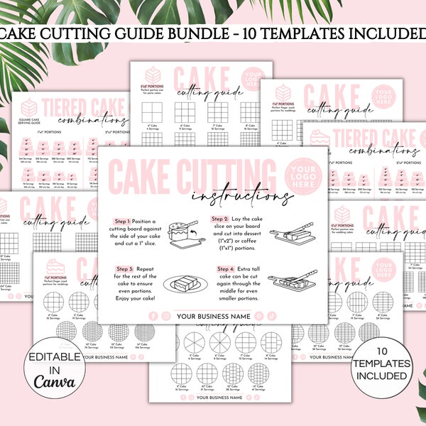 Cake Cutting Guide Bundle, Editable Cake Cutting Instructions 10 Canva Templates, Printable Cake Business Packaging Insert. TDS-05