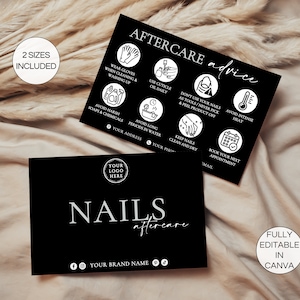 Nagels nazorgkaart, bewerkbare nagelverzorgingsinstructies, afdrukbare manicure-cliëntverzorgingskaart, nagelschoonheidssalon Canva-sjabloon. TDS-05