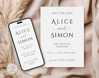 Save the Date Card Template, Editable Electronic Save the Date, Printable Minimalist Wedding Invitation