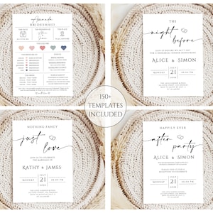 May include: Four white wedding invitation templates with elegant calligraphy. One reads "Amanda Bridesmaid", another "The night before", a third "Nothing fancy just love", and the last "Happily ever after party". The image includes the text "150+ TEMPLATES INCLUDED".