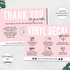 Plantilla de tarjeta de cuidado de calcomanías de vinilo, tarjeta editable de cómo aplicar el cuidado de calcomanías, instrucciones de calcomanías imprimibles, tarjetas de agradecimiento para pequeñas empresas. TDS-05