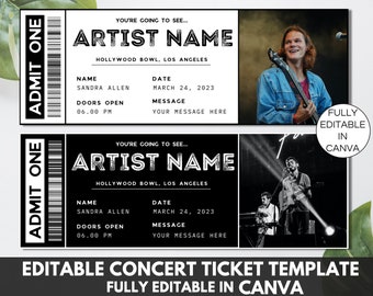 Plantilla de entrada para eventos, plantilla Canva de entrada para concierto, regalo de entrada para concierto editable, entradas para concierto personalizadas, idea de regalo de cumpleaños. TDS-13